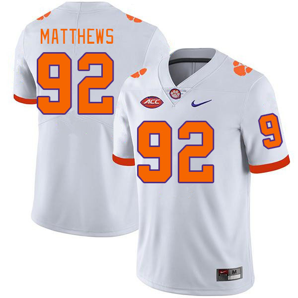 Men's Clemson Tigers Levi Matthews #92 College White NCAA Authentic Football Stitched Jersey 23LJ30ZH